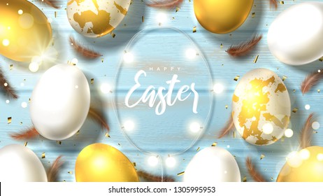 Holiday banner for Happy Easter. Beautiful banner with realistic white and gold Easter eggs, sparkling golden confetti, shining garland and chicken feathers. Festive vector illustration.