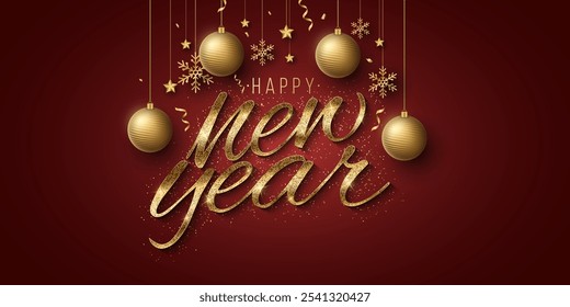 Holiday banner for Happy New Year. Golden glittering lettering with hanging decorations from 3d stars, snowflakes, balls and confetti on red background. Festive cover design. Vector illustration