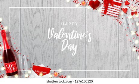 Holiday banner for Happy Valentine's Day. Vector illustration with top view on realistic bottle of champagne, gift box, glasses of champagne, red serpentine and confetti.