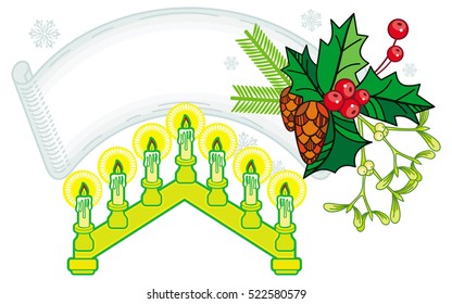 Holiday banner with holly berry and light candle arch. Copy space. Christmas decoration. Vector clip art.