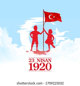 holiday banner illustration of the cocuk baryrami 23 nisan , tr: Turkish April 23 National Sovereignty and Children's Day, graphic design Turkish holiday card , kids icon with clouds, children logo.