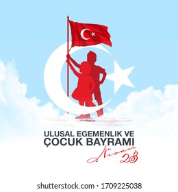 holiday banner illustration of the cocuk baryrami 23 nisan , tr: Turkish April 23 National Sovereignty and Children's Day, graphic design Turkish holiday card , kids icon with clouds, children logo.