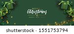 Holiday banner Merry Christmas and Happy New Year. Xmas design with realistic objects, realistic dark green color gift box, balls, light lamps garland, glitter gold confetti. Festive horizontal poster