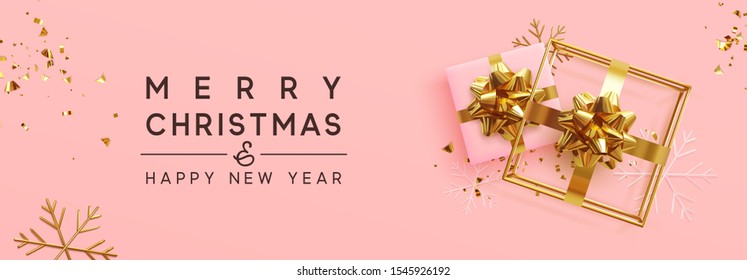 Holiday banner Merry Christmas and Happy New Year. Xmas design with realistic festive objects, realistic gift, 3d hollow gift-shaped cube, snowflake, glitter gold confetti. Festive Horizontal poster