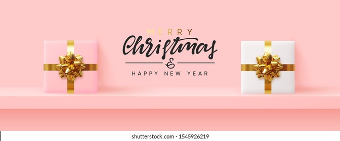 Holiday banner Merry Christmas and Happy New Year. Xmas background design with realistic festive objects, gift box stand on shelf, podium. Festive Horizontal banner, poster, header for the web site.