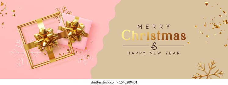 Holiday banner Merry Christmas and Happy New Year. Xmas design with realistic festive objects, realistic gift, 3d hollow gift-shaped cube, snowflake, glitter gold confetti. Festive Horizontal poster