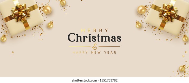 Holiday banner Merry Christmas and Happy New Year. Xmas design with realistic objects, beige gift box, golden balls, stast tinsel, glitter gold confetti. Festive horizontal poster, flat top view