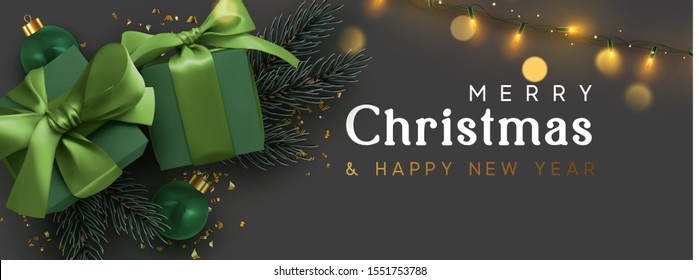 Holiday banner Merry Christmas and Happy New Year. Xmas design with realistic objects, realistic dark green color gift box, balls, light lamps garland, glitter gold confetti. Festive horizontal poster