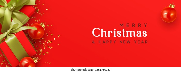 Holiday banner Merry Christmas and Happy New Year. Xmas design with festive objects, realistic red gift box, bauble balls, glitter gold confetti. Horizontal poster, web header, greeting card