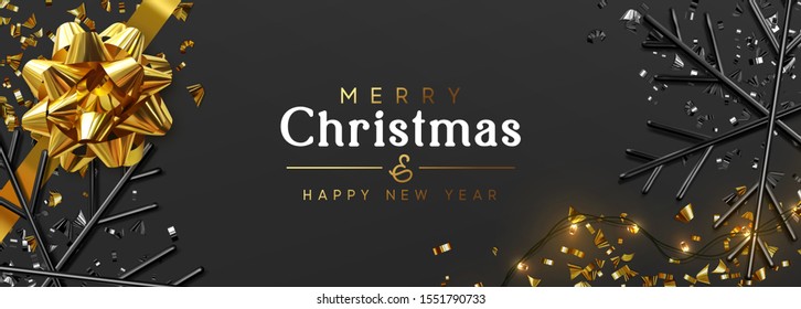 Holiday banner Merry Christmas and Happy New Year. Dark background, golden realistic magnificent bow, light yellow bulb garland, glitter gold confetti, 3d render black snowflakes. Night Xmas design.