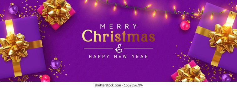 Holiday banner Merry Christmas and Happy New Year. Xmas design with realistic festive objects, purple gift box, lilac ball, light lamps garland, glitter gold confetti. Horizontal poster, flat top view