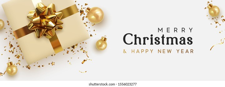 Holiday banner Merry Christmas and Happy New Year. Xmas design with realistic objects, beige gift box, golden balls, stast tinsel, glitter gold confetti. Festive horizontal poster, flat top view