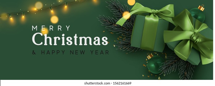 Holiday Banner Merry Christmas And Happy New Year. Xmas Design With Realistic Objects, Realistic Dark Green Color Gift Box, Balls, Light Lamps Garland, Glitter Gold Confetti. Festive Horizontal Poster