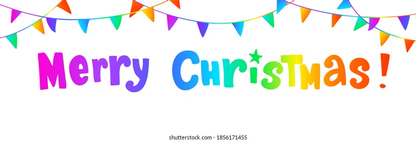 Holiday banner with Merry Christmas text. Colorful vibrant festive background. Gradient flag strings decoration. Vector illustration isolated on white. For New Year cards, party posters, headers.