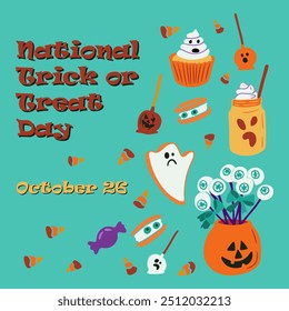 Holiday banner for National Trick or Treat Day with minimalistic scary candies and sweets. Vector Halloween hand drawn illustration in flat style. Horizontal template for background, banner, card