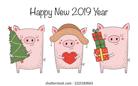 Holiday banner. New 2019 Year posters with cute pig and winter slogan. Symbol of the year in the Chinese calendar. Vector cartoon isolated illustration. Year of yellow pig.