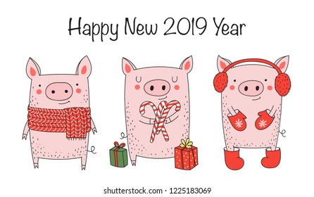 Holiday banner. New 2019 Year posters with cute pig and winter slogan. Symbol of the year in the Chinese calendar. Vector cartoon isolated illustration. Year of yellow pig.