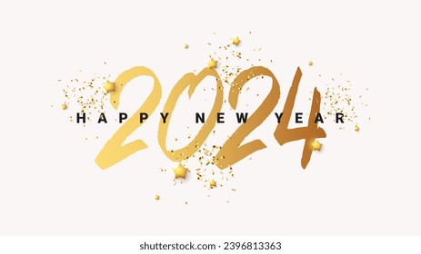 Holiday banner for New Year 2024. Festive card with symbol of 2024 New Year. Handwritten gold number 2024 with sparkling golden stars and confetti. Vector handwritten calligraphy symbol of New Year.