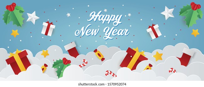 Holiday banner for New Year shopping sale. Happy New Year background with christmas elements. Design for web online store or shop promo offer