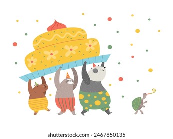 Holiday banner: panda, sloth, capybara and turtle carry cake for the holiday. Vector cute illustration.