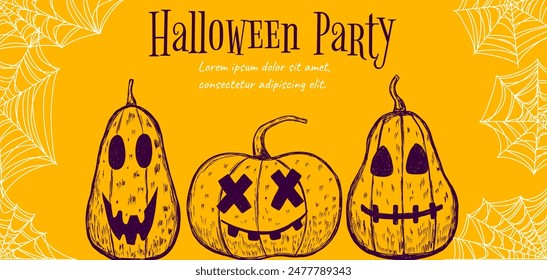 Holiday banner for party with Halloween pumpkins and spiderweb in line style