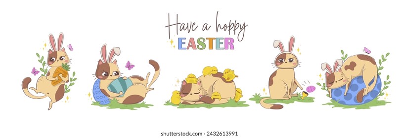 Holiday banner with a pun phrase with Easter cartoon cats in a bunny suit with eggs and carrots.