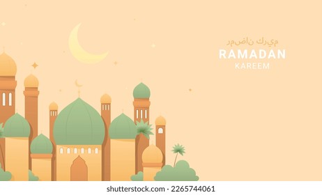 Holiday banner for Ramadan Kareem. Vector illustration with mosque, stars and crescent in pastel colors. Holy month Ramadan. Greeting card for Islamic holiday. Arabic text translation Ramadan Kareem.