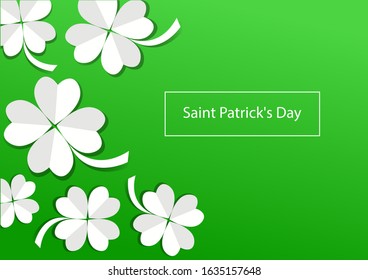 Holiday banner for Saint Patricks Day, greeting card with paper clovers on green background. Vector illustration