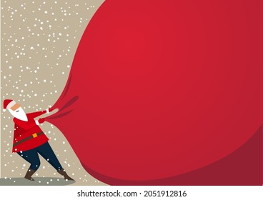 Holiday banner - Santa Claus pulling a huge heavy bag of gifts