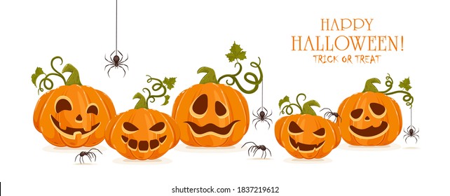 Holiday banner with set of smiling pumpkins with spiders isolated on white background. Holiday design. Halloween decoration. Illustration can be used for holiday backgrounds, cards, banners