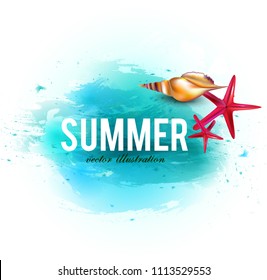 Holiday banner with shells and starfishes and place for text. Vector background