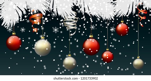 Holiday banner with sparkling Christmas glitter ornaments. Christmas decorations on a dark background. Great for New year party posters, headers. Vector illustration