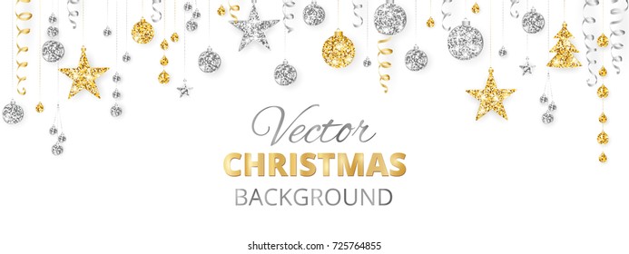 Holiday banner with sparkling Christmas glitter ornaments. Gold and silver fiesta border, garland with hanging balls and ribbons isolated on white. Great for New year party posters, headers.