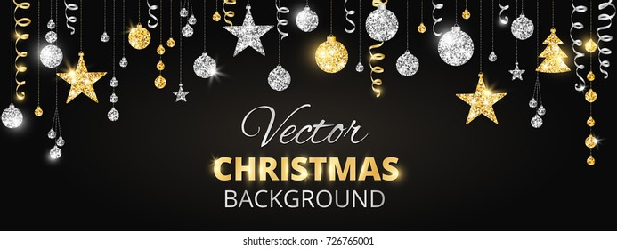 Holiday banner with sparkling Christmas glitter ornaments. Gold and silver fiesta border, garland with hanging balls and ribbons on black. Great for New year party posters, headers.