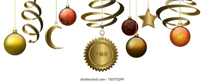 Holiday banner with sparkling Christmas glitter ornaments. Gold sun, star, Moon, ball, tape, chain with hanging balls and ribbons. Great for New year party posters, headers.