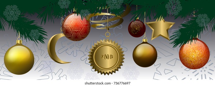 Holiday banner with sparkling Christmas glitter ornaments. Gold sun, star, Moon, ball, tape, chain with hanging balls and ribbons. Great for New year party posters, headers.