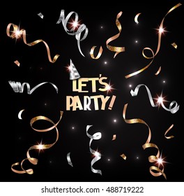 Holiday Banner With Sparkling Gold Ticker Tape And Party Hat. Vector Illustration