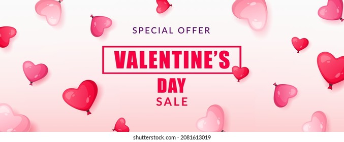 Holiday banner for St. Valentine's Day. Hearts and sale ad text.