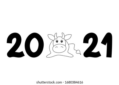 Holiday banner. Symbol 2021. Coloring Book for kids with bull and text. New Year and Christmas vector illustration. Adorable character for tour design. Cute cow. 