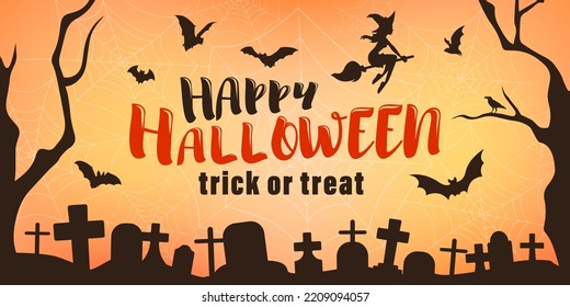 Holiday banner with text Happy Halloween, Trick or Treat for promotion, advertising, online advertising, social media, fashion advertising, market flyer, shop brochure, advert or store poster.