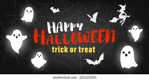 Holiday banner with text Happy Halloween, Trick or Treat for promotion, advertising, online advertising, social media, fashion advertising, market flyer, shop brochure, advert or store poster.