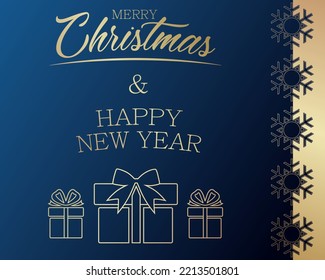 Holiday banner with text Merry Christmas and Happy New Year, presents on blue background. Design for your promotion, advertising, market flyer, shop brochure, advert, sign, label, coupon, store poster