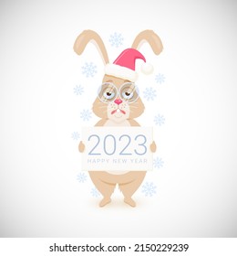 Holiday Banner. Tired Rabbit in Santa Hat. Sheet with Text Happy New Year 2023. Cute Funny Bunny. Cartoon Animal Character. Vector Illustration. 