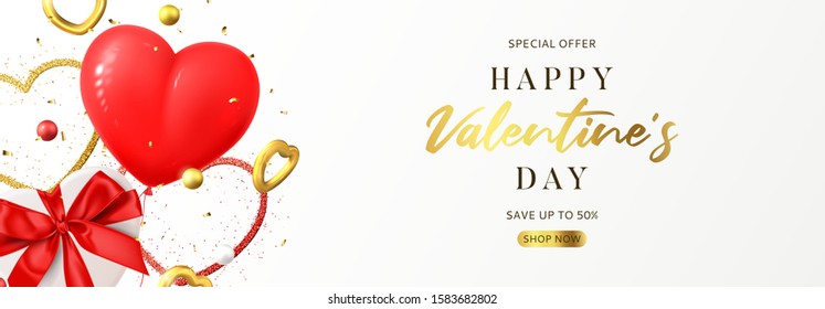 Holiday banner for Valentine's Day sale. Vector illustration with realistic air balloon, white gift box, gold hearts and confetti. Festive greeting background. Promo horizontal banner.