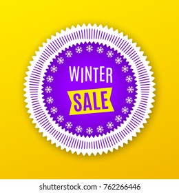 Holiday Banner of Winter Sale. Purple White Badge with Offer of Winter Sale, on the Yellow Background. Bright Poster with Advertising in Round Frame