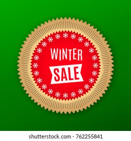Holiday Banner of Winter Sale. Red Golden Badge with Offer of Winter Sale, on the Green Background. Bright Poster with Advertising in Round Frame