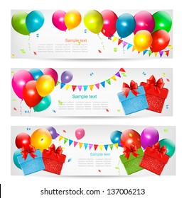 Holiday banners with colorful balloons and gift box. Vector.