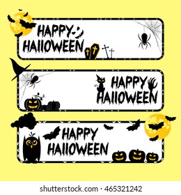 Holiday banners on theme of Halloween. Black frames with pumpkins, bats and spiders and white background. Trick or treat vector illustration