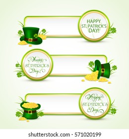 Holiday banners on white background with green hat of leprechaun, clover and golden coins, lettering Happy St. Patrick's Day, illustration.