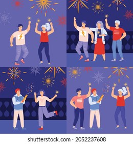 Holiday banners set with people celebrating solemn event or holiday party with fireworks, flat vector illustration. Posters set with people enjoying firework lights.